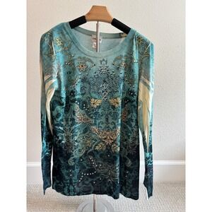Chico's Long Sleeve Top Womens Size 2 Teal Turquoise Embellished Damask Boho